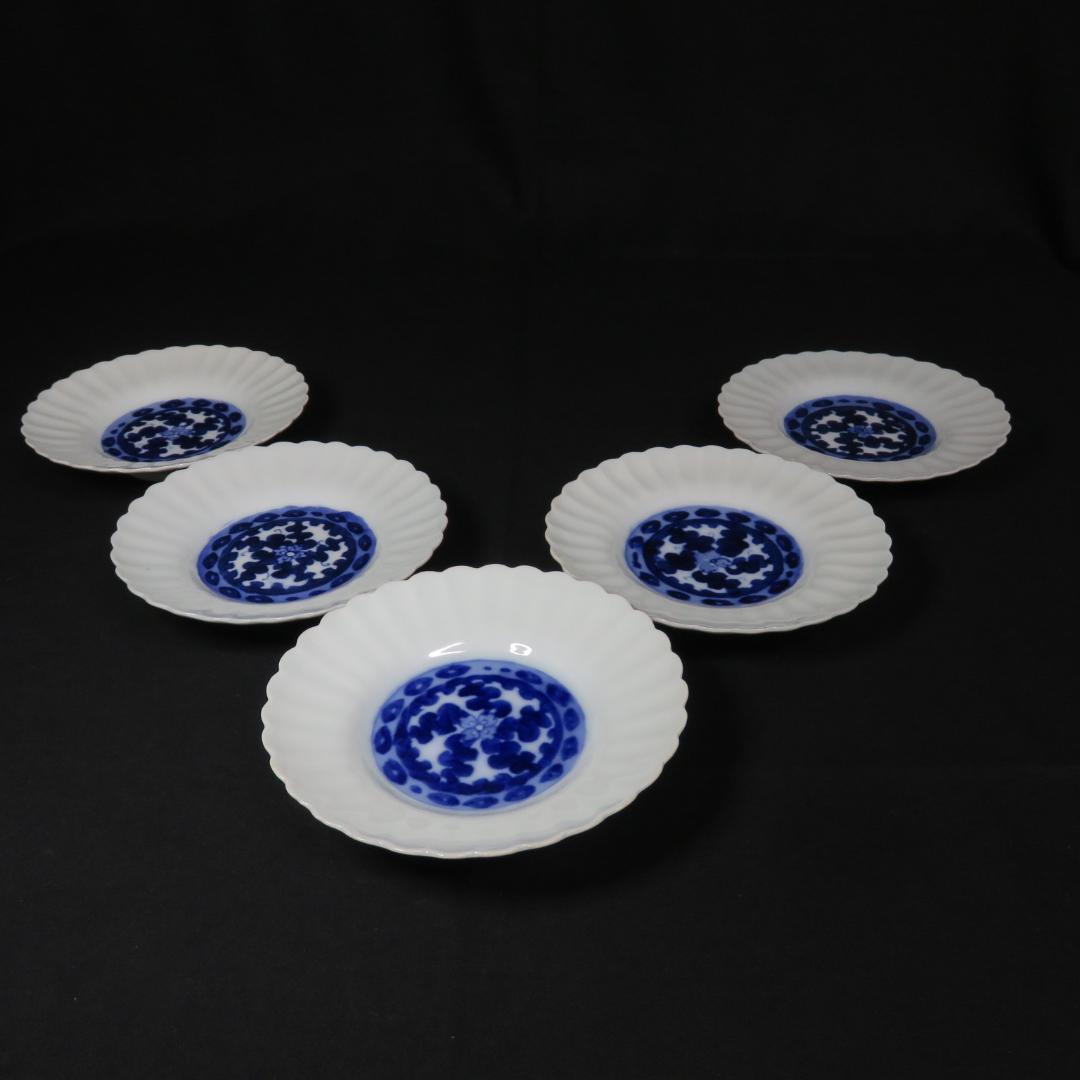 手塩皿 小皿 取り皿 銘々皿 染付 白磁 明治 花形 美品 5枚