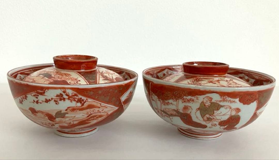 九谷★古九谷★蓋もの★煮物碗★赤絵金彩★窓絵★人物花鳥文★骨董★アンティーク