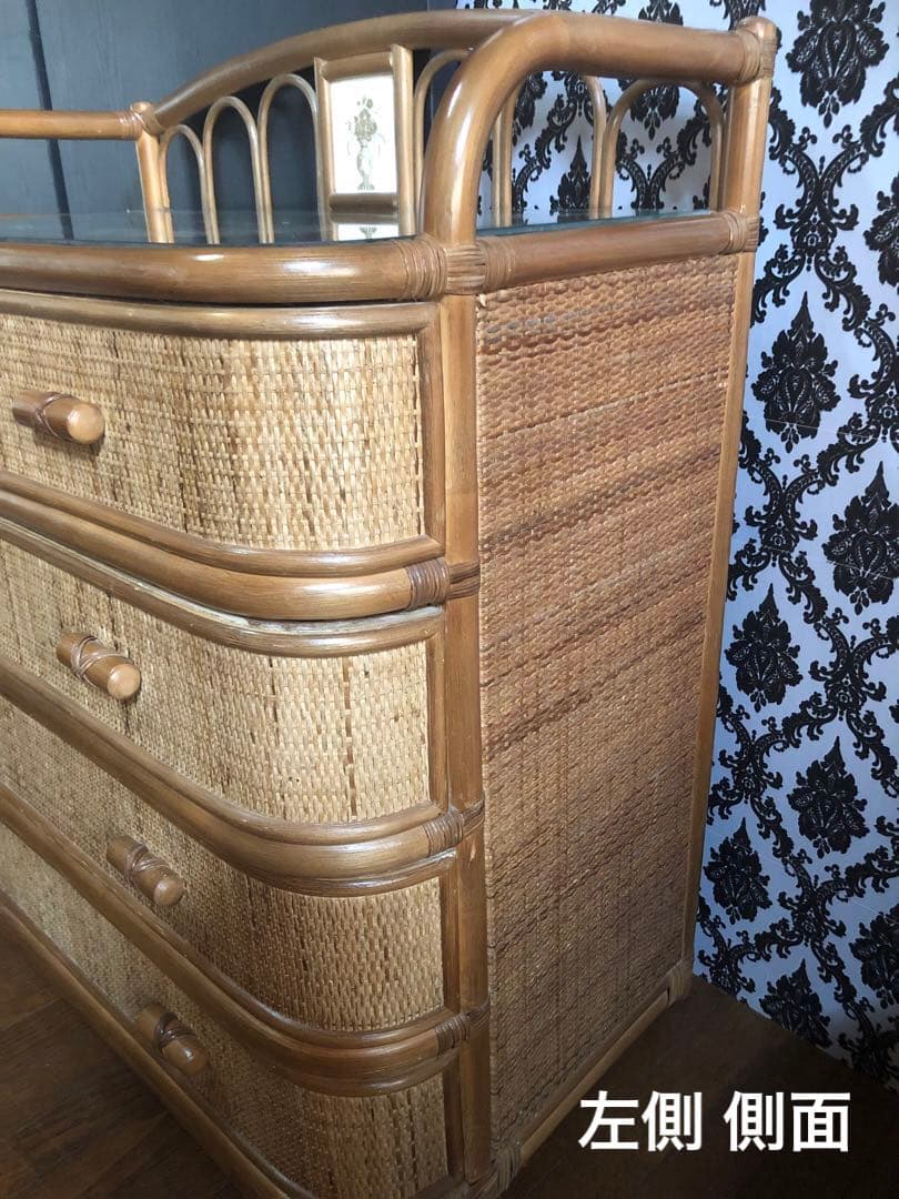 希少♦️北欧 ヴィンテージ♦️高級 ラタン チェスト♦️ガラス天板・タイル♦️美品♦️送込