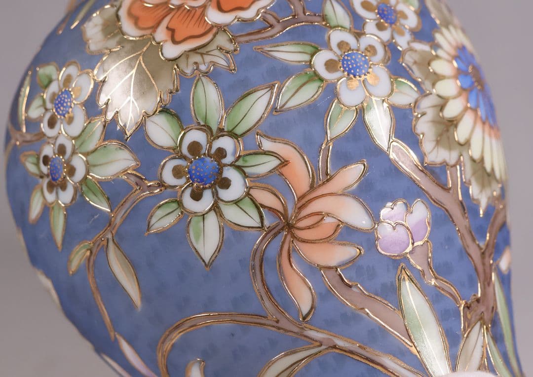 【CM306】オールドノリタケ 草花 花瓶 高17.5cm 金彩 花入 青 明治