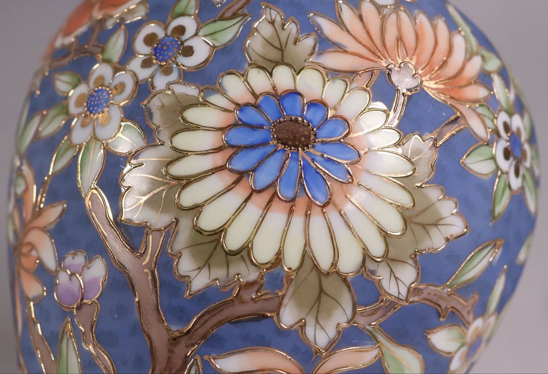 【CM306】オールドノリタケ 草花 花瓶 高17.5cm 金彩 花入 青 明治