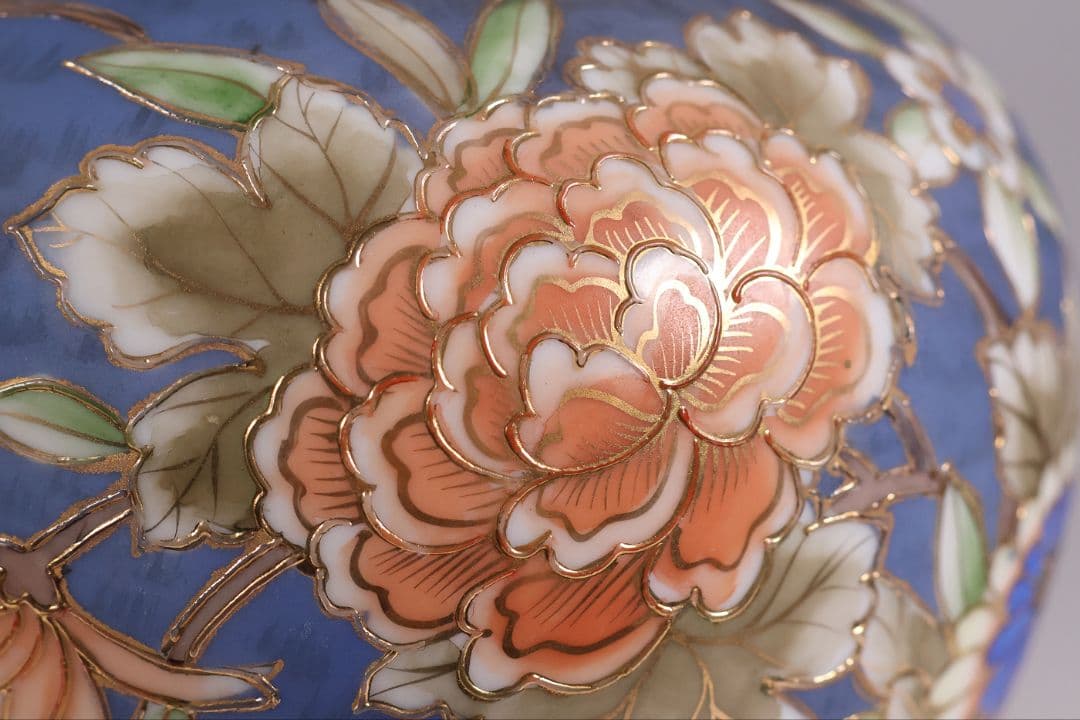 【CM306】オールドノリタケ 草花 花瓶 高17.5cm 金彩 花入 青 明治