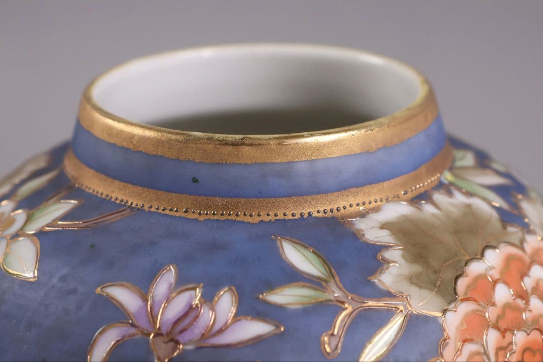 【CM306】オールドノリタケ 草花 花瓶 高17.5cm 金彩 花入 青 明治