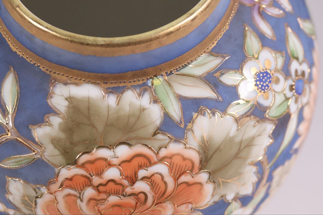 【CM306】オールドノリタケ 草花 花瓶 高17.5cm 金彩 花入 青 明治