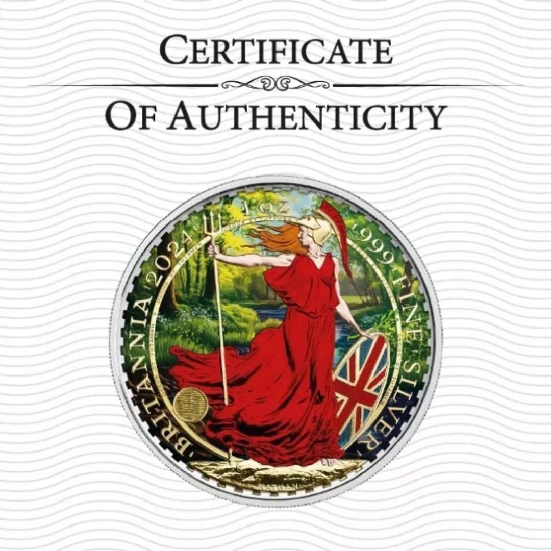 世界100枚限定 イギリス ブリタニア 銀貨 カラー 女神と自然の調和：春の森