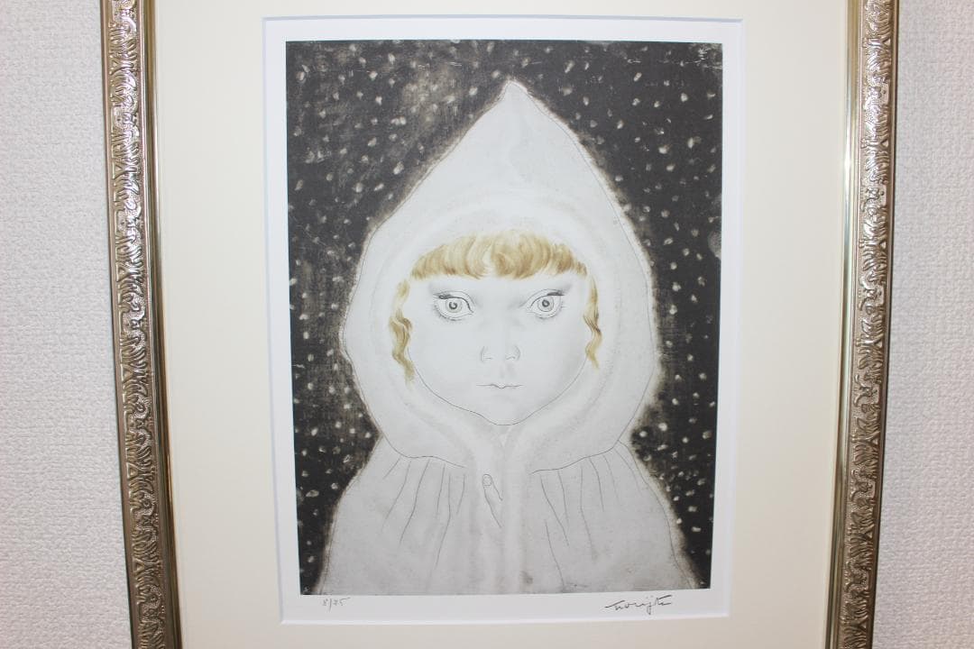 藤田嗣治 エスタンプリトグラフ「白い頭巾の少女」販売証明書付き 8/75