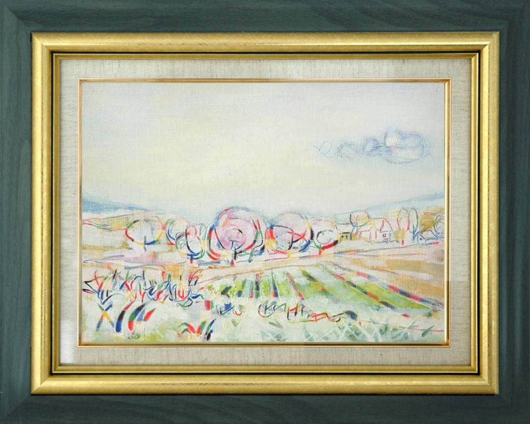 絵画 インテリア 絵 額付(青緑＋金色の枠) 油絵F4-080311 風景 畑