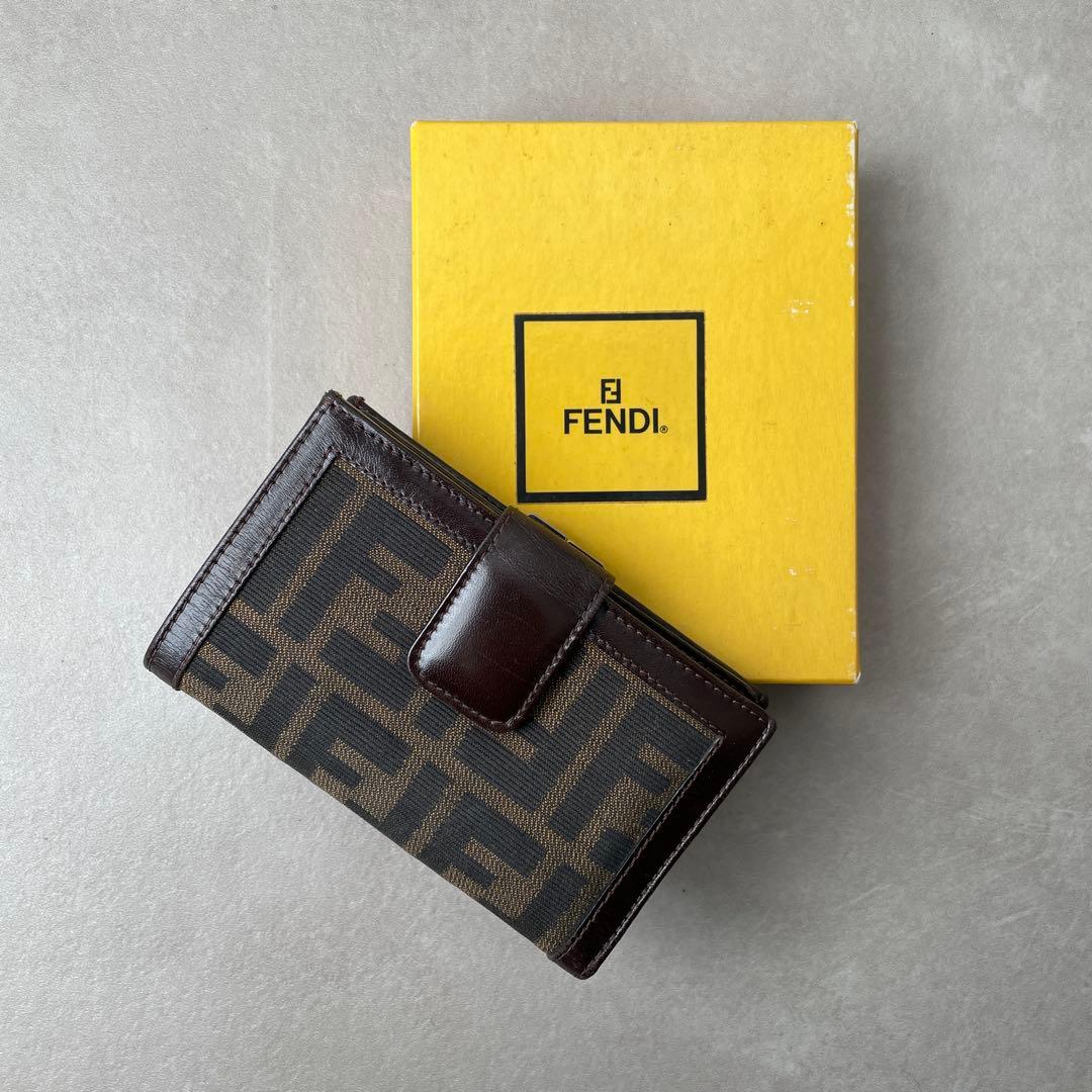 フェンディ FENDI キャンバス レザー がま口 財布 ブラウン 箱付き