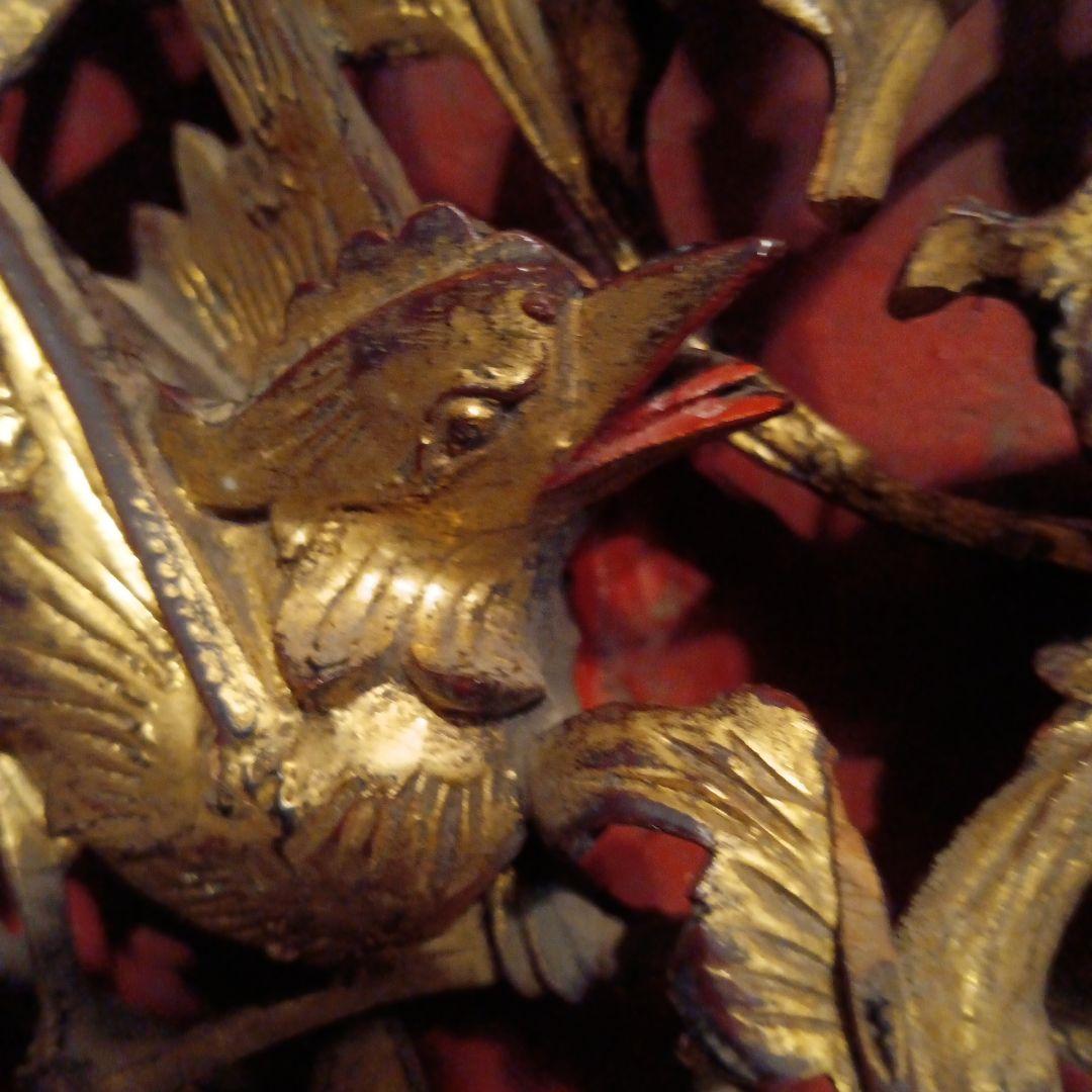 木彫工芸品 花鳥図 透かし彫り 金塗り　オブジェ　アンティーク
