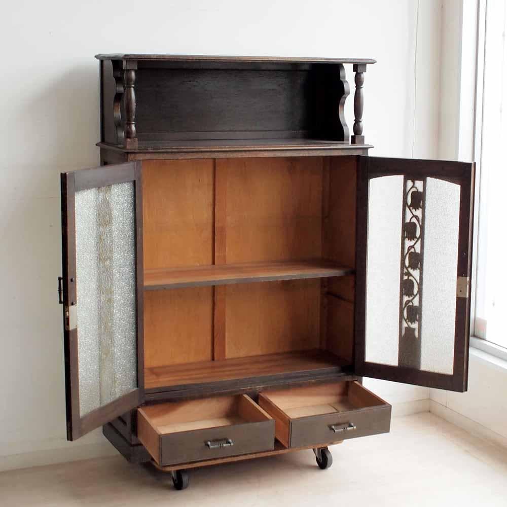 昭和レトロ 落ち着いた木味のキャビネット ダイヤガラス ZR24225