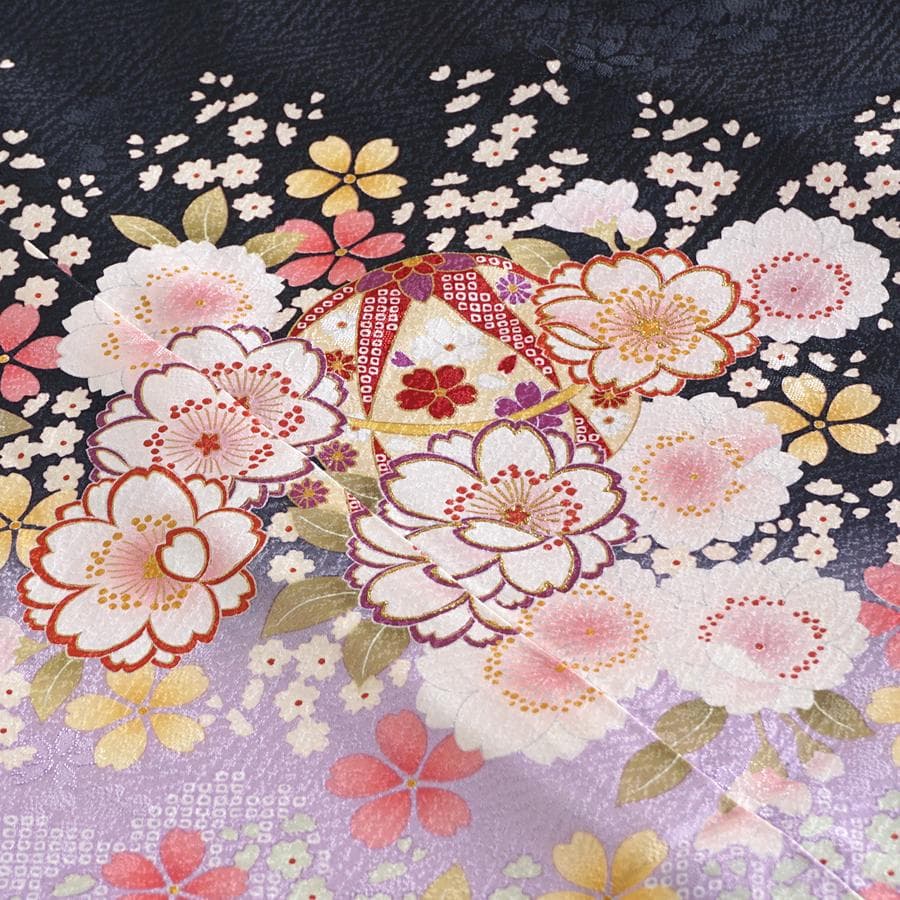 振袖　新品　未仕立て　仮絵羽　桜　鞠　金糸　型染め友禅　黒　ブラック　在庫保管品