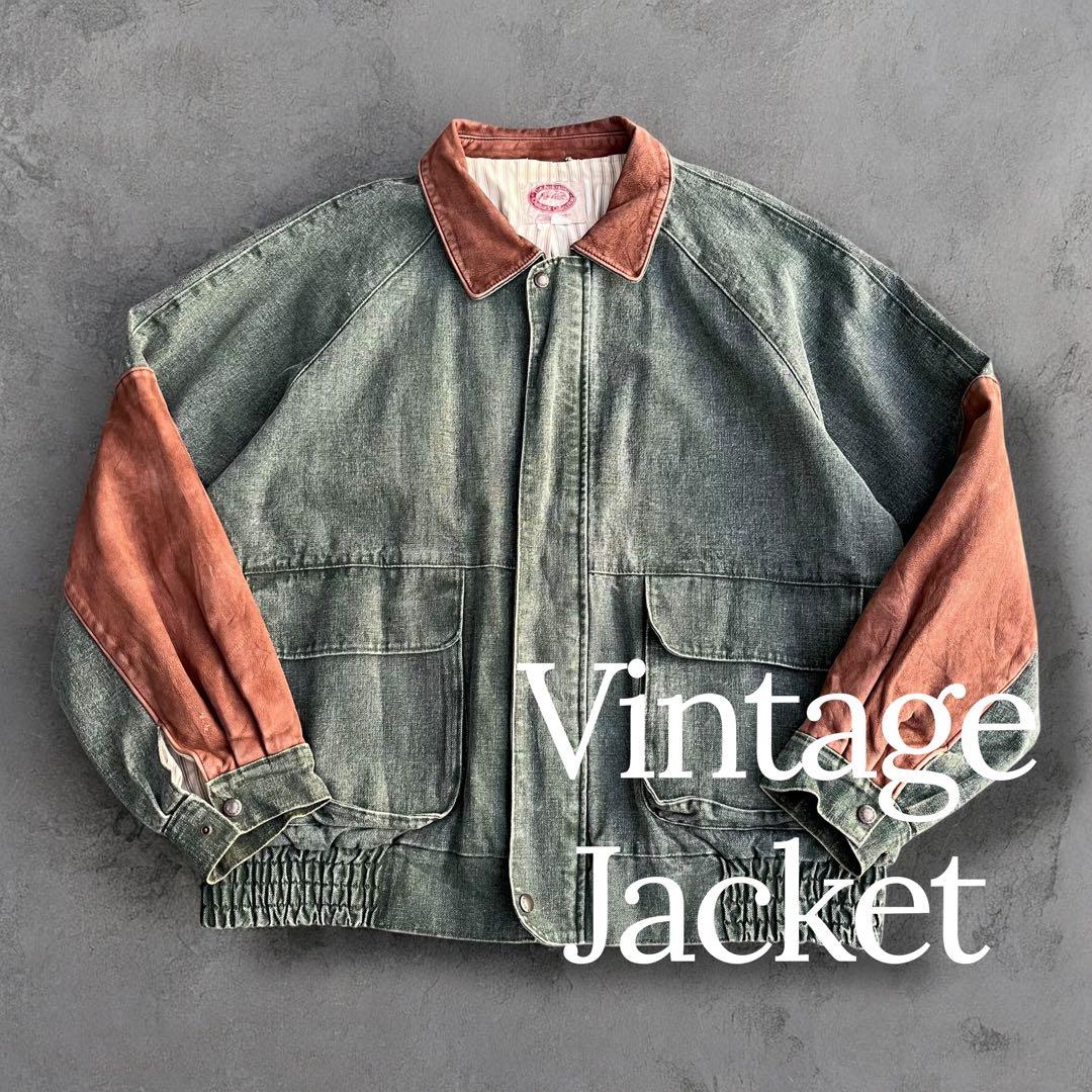 90’s vintage デニムブルゾン レザー切り替え ハリントンジャケット