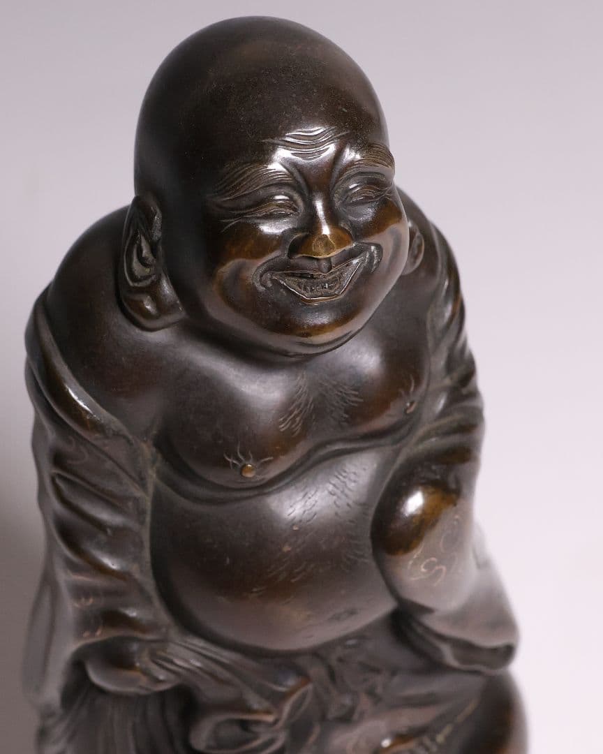 時代 銅製 晴珉造 布袋像 18.4cm 明治金工 置物 七福神 縁起【M415