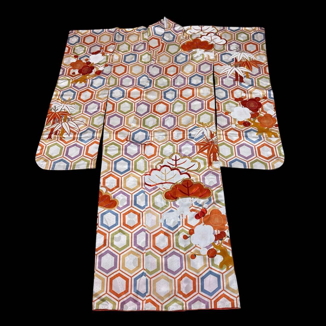 (あ866) 大正ロマン彩る亀甲文様と枝松刺繍 アンティーク振袖㊗️3点セット