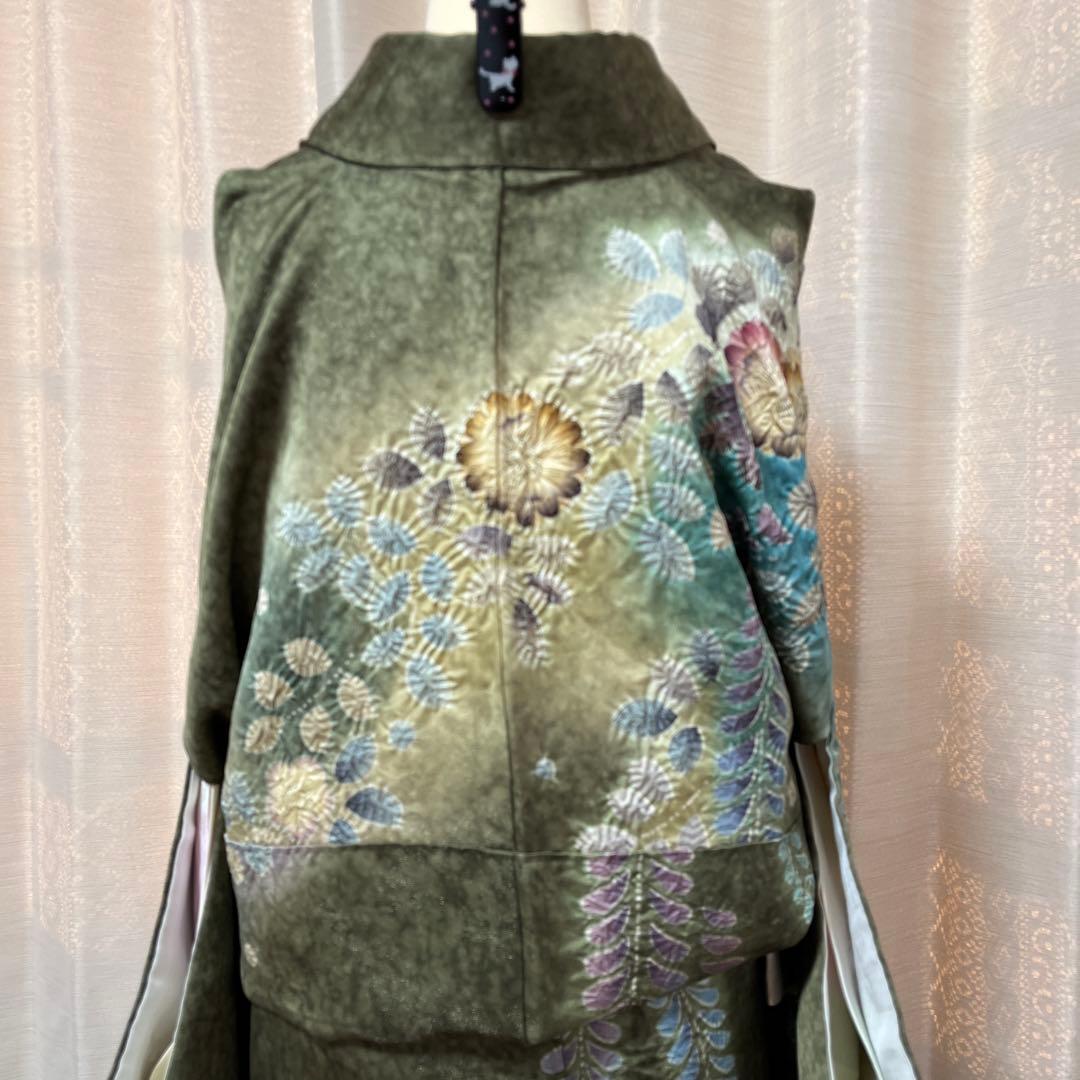 豪華 濃く深い緑からエメラルドグリーンの染め分け 辻ヶ花訪問着 作家物落款あり