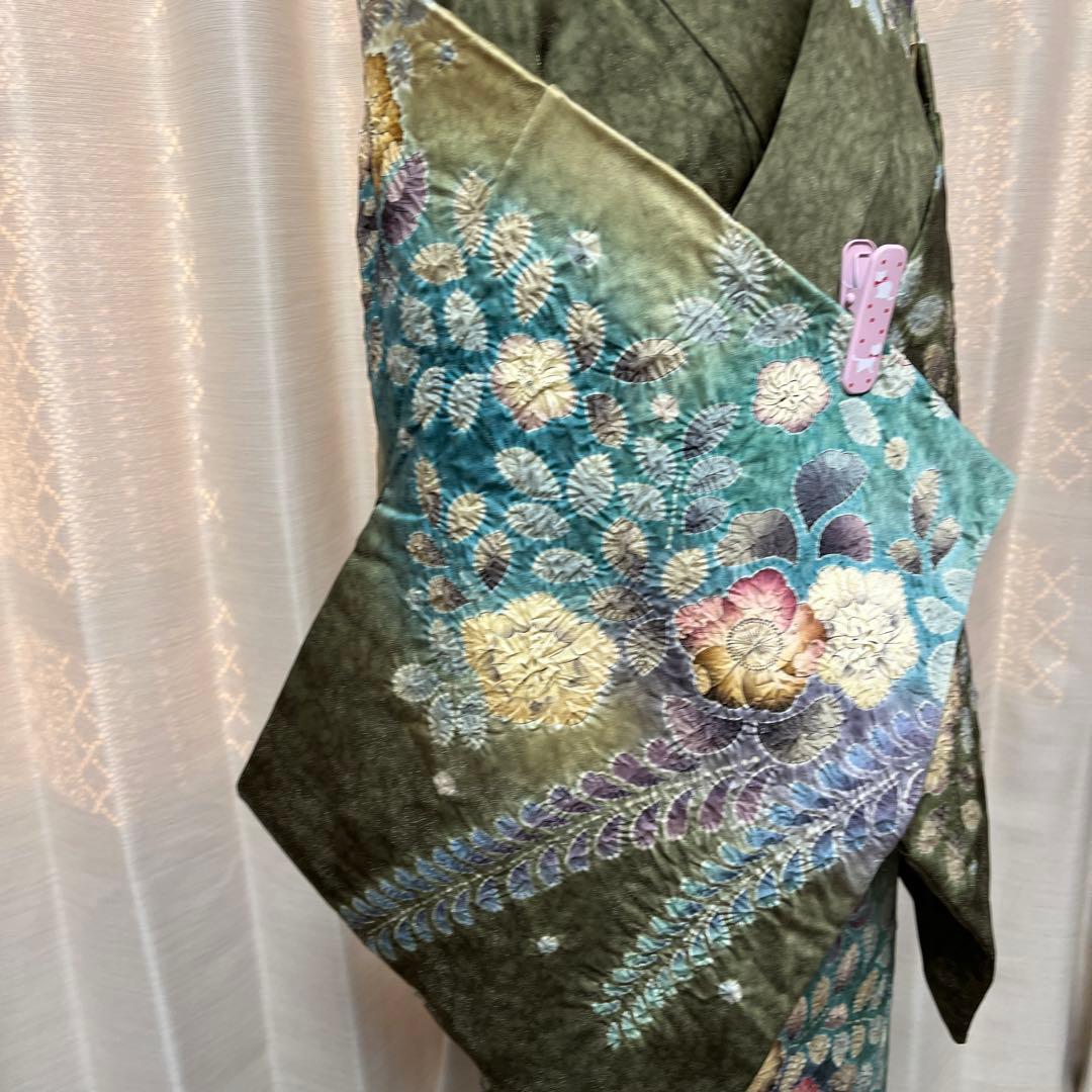 豪華 濃く深い緑からエメラルドグリーンの染め分け 辻ヶ花訪問着 作家物落款あり