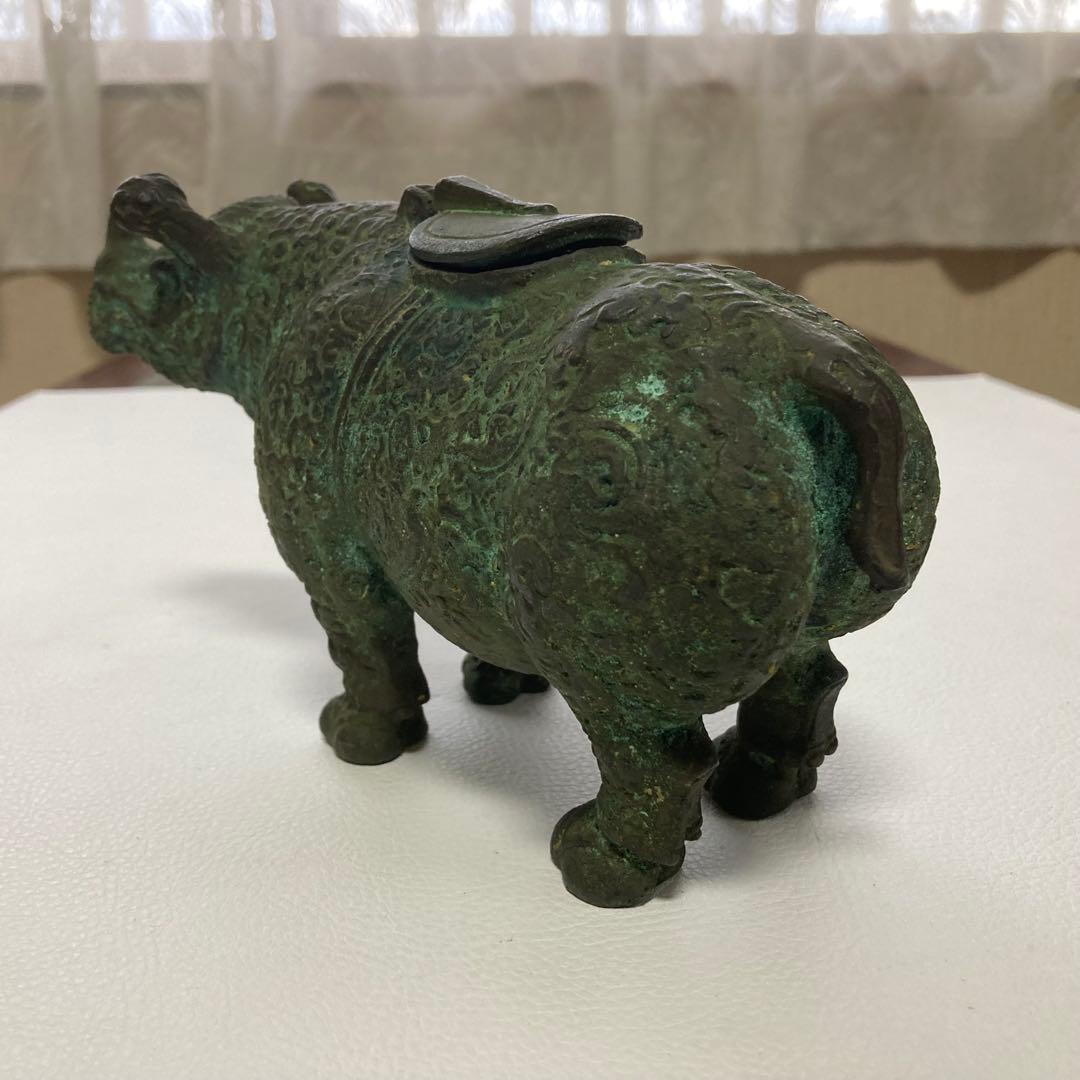 古いサイの置物 動物 銅製 オブジェ 香炉 工芸品 古美術 骨董品 レトロ