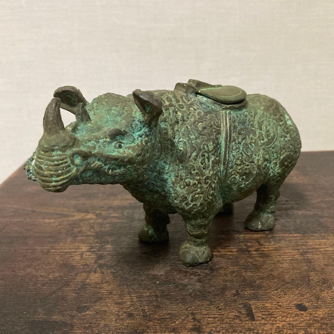 古いサイの置物 動物 銅製 オブジェ 香炉 工芸品 古美術 骨董品 レトロ