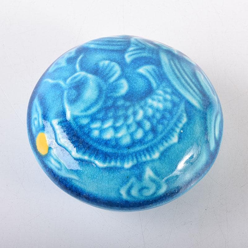 茶道具　萬古焼　加賀瑞山造　トルコ釉　荒磯魚文香合　共箱　V　7150