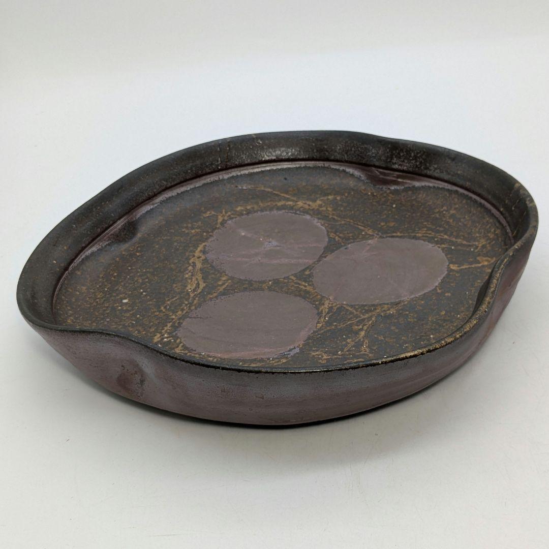 岡山県重要無形文化財 松井與之 備前焼 足付き皿 共箱共布栞 鉢 食器 牡丹餅