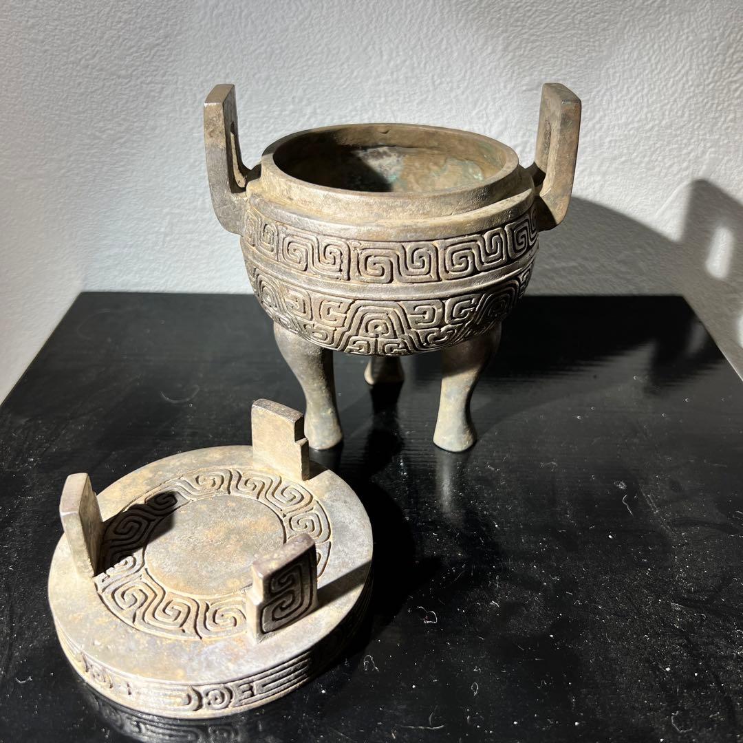 【骨董品】三足沖天耳香炉　銅製