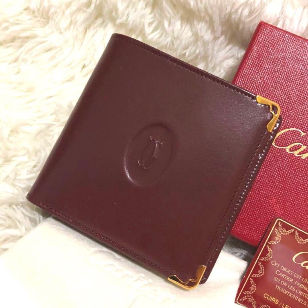 未使用✨カルティエ　 レザー　二つ折り財布 マストライン ボルドー系