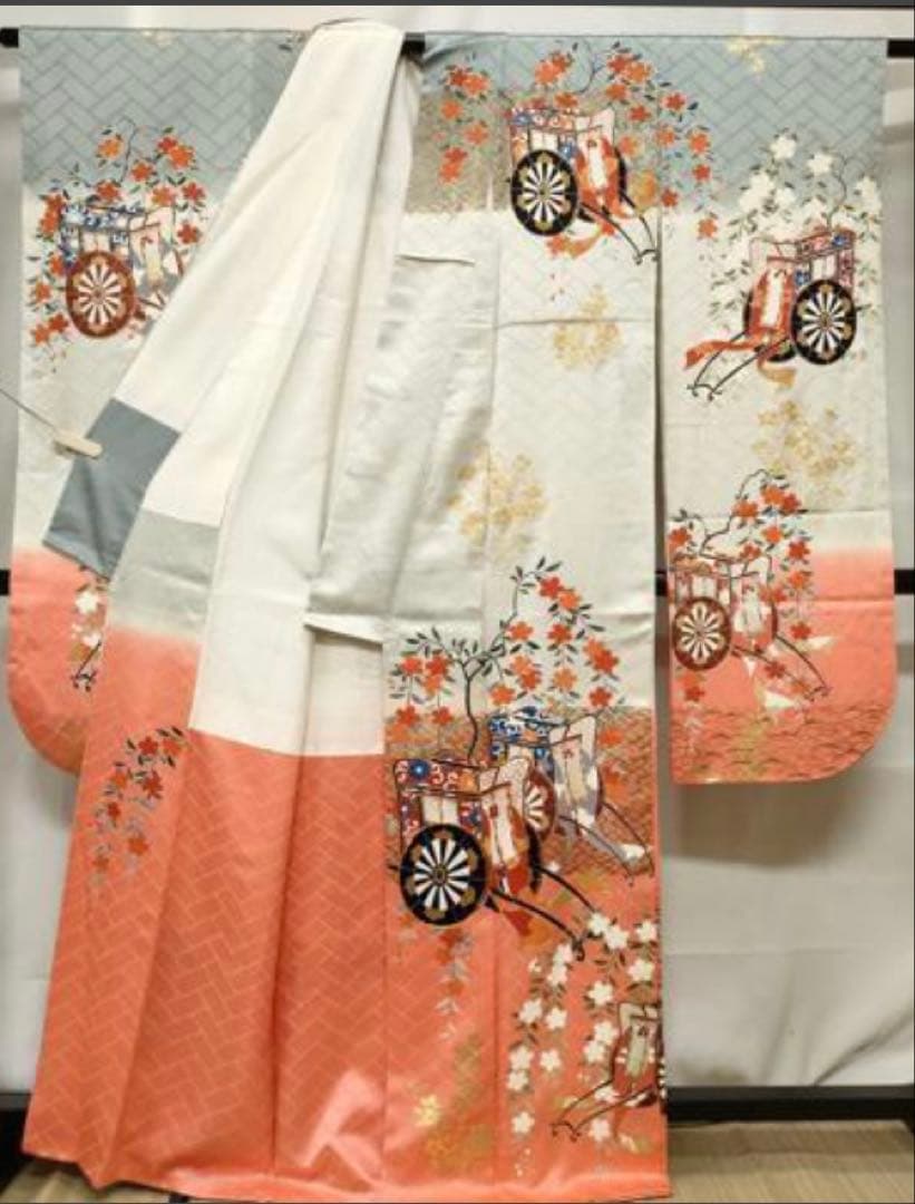 振袖フルセット6点特価　サイズM〜Ｌ　正絹　御所車　売り切り終了