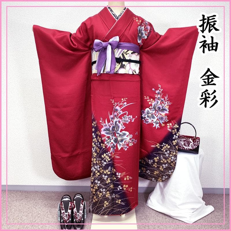 502z29☆振袖 金彩 個性的 花 萩 赤×紫☆美品 成人式 結婚式