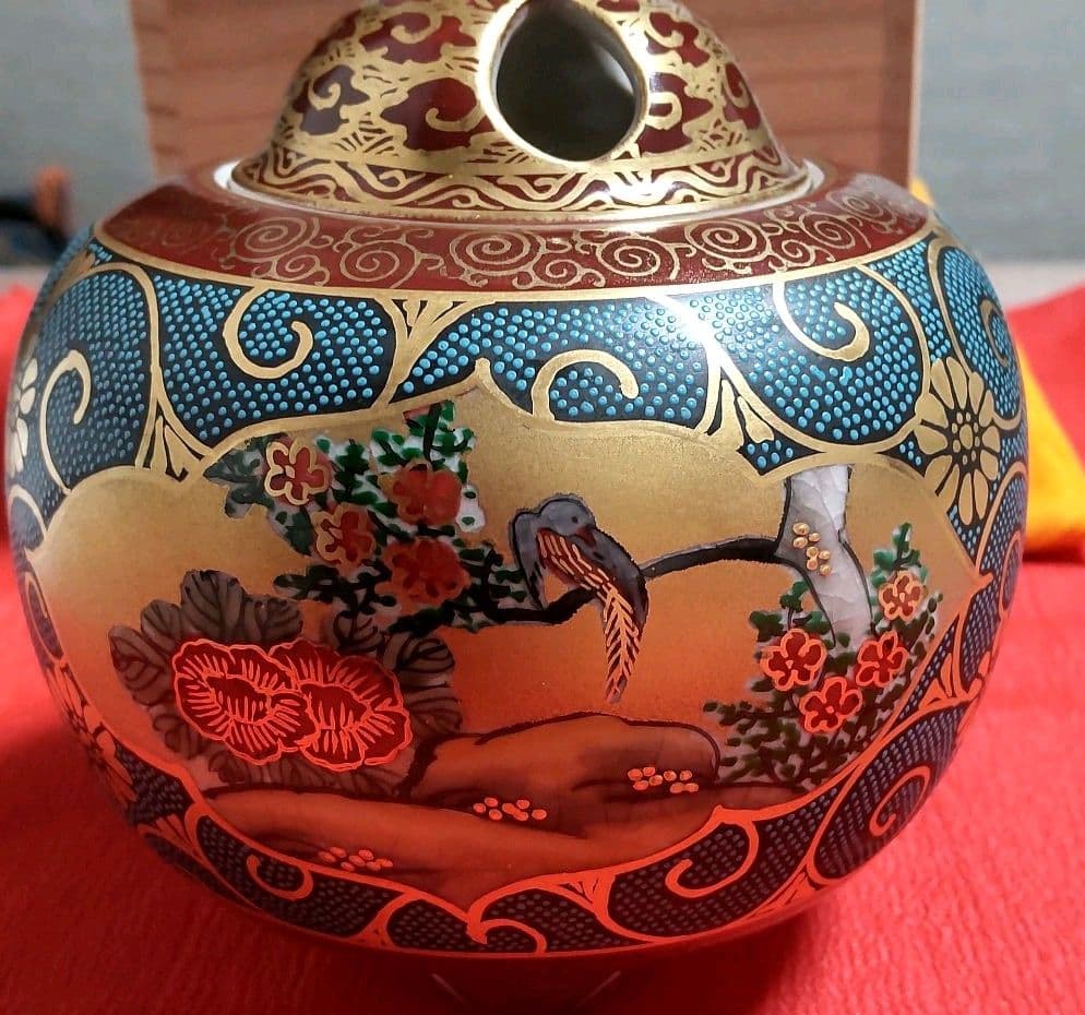 九谷焼香炉　花と鳥　竹に人物　山河図　掬翠作　共箱あり