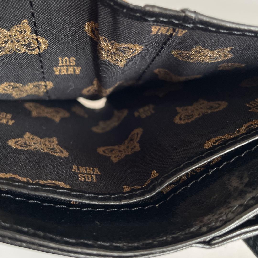 極美品 ANNA SUI 二つ折り財布 黒 レザー バタフライ 蝶 コンパクト