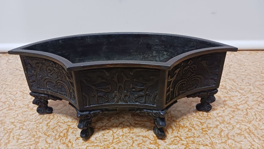 時代金工師　二代　村田整珉　木村渡雲　銅製扇面形花入　在銘　渡雲斎鋳　花器　箱付