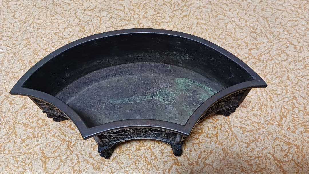 時代金工師　二代　村田整珉　木村渡雲　銅製扇面形花入　在銘　渡雲斎鋳　花器　箱付