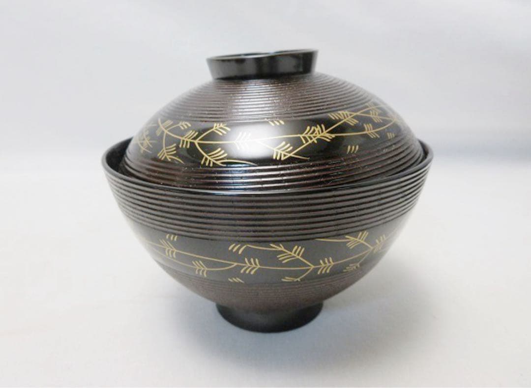 ほぼ未使用 懐石道具 木製溜塗 千筋 蒔絵 吸物椀5客揃 内黒 雑煮椀 木箱