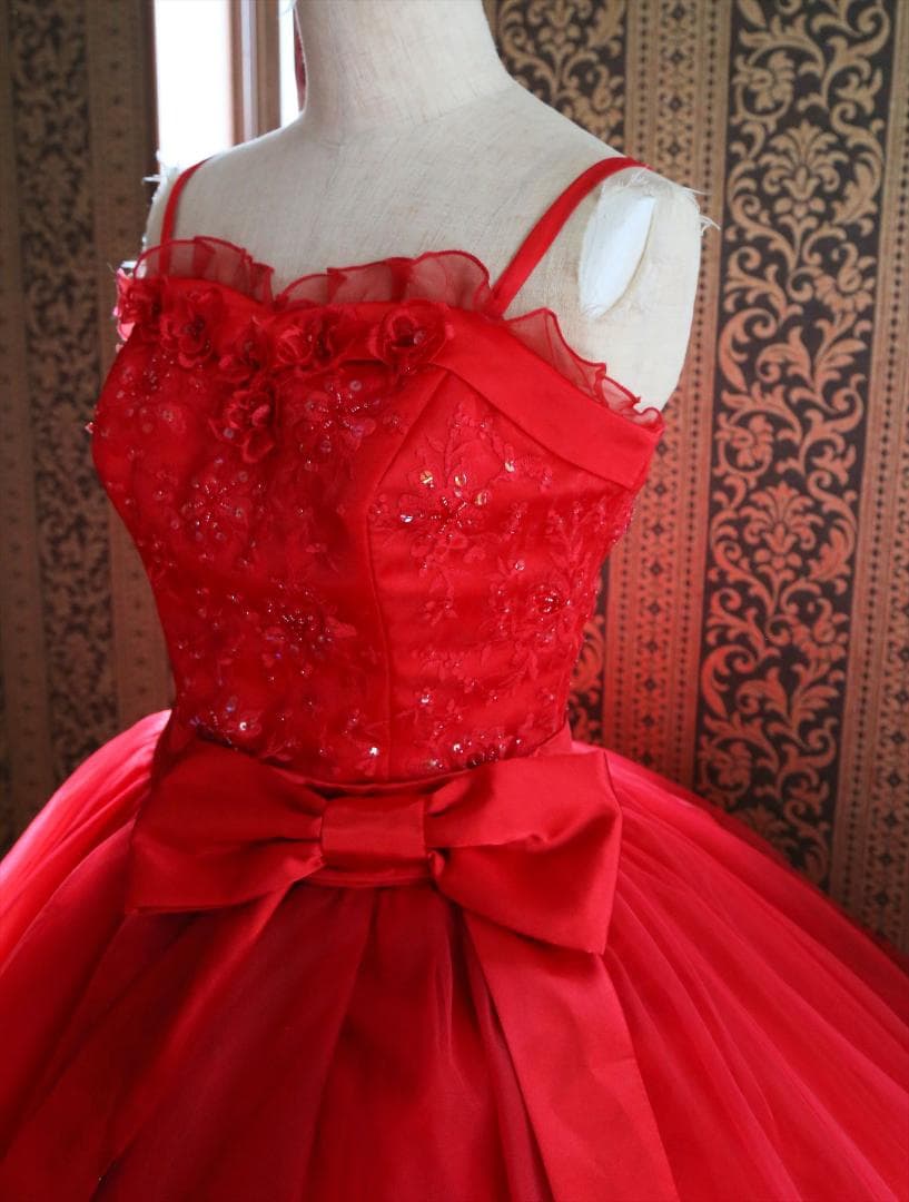 589エメAIMER赤ウェディングドレス7号Sサイズ赤カラードレス