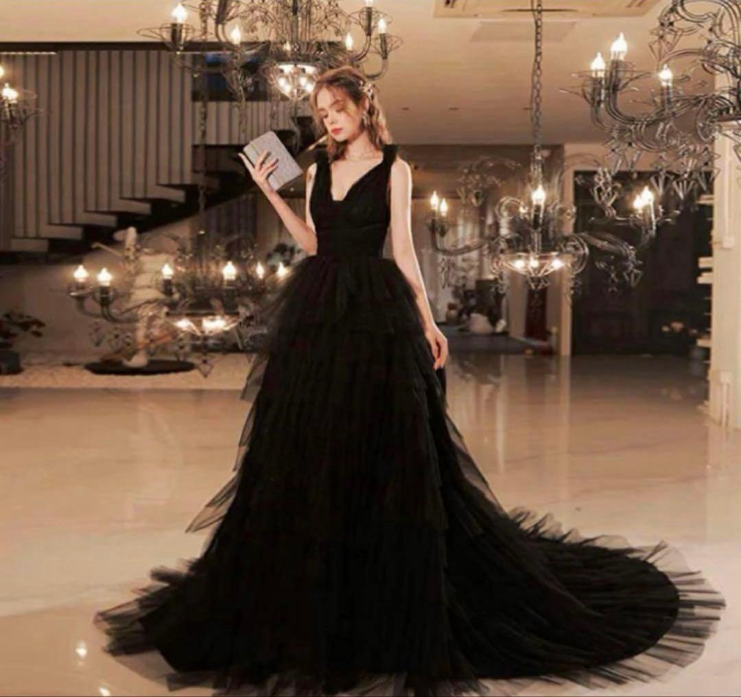 エレガント ブラック ロングドレス Mサイズ　チュール