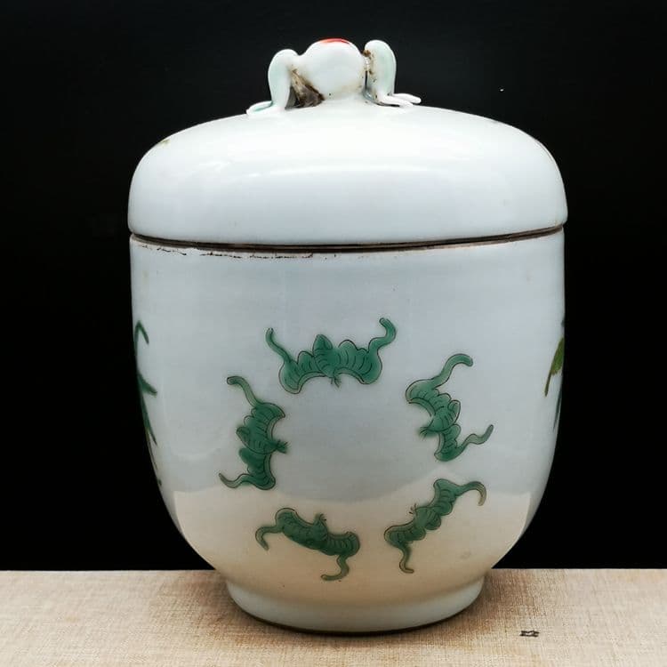 民国粉彩九桃五福紋蓋缶 現代工芸品 美術品 置物