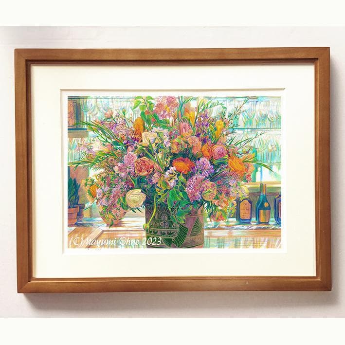 フランス　フラワー　版画　アクリル画　水彩画 　赤　オレンジ　ブラウン　茶色　花