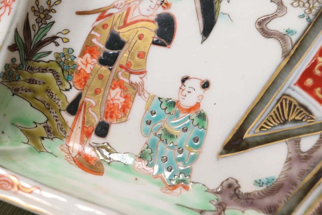 古伊万里 美人図 色絵 角皿 刺身皿 五客 人物 桜 小紋 明治期【MA424】