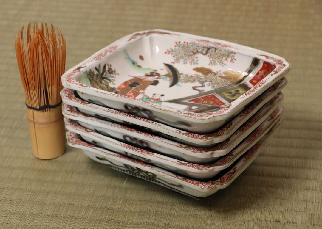 古伊万里 美人図 色絵 角皿 刺身皿 五客 人物 桜 小紋 明治期【MA424】