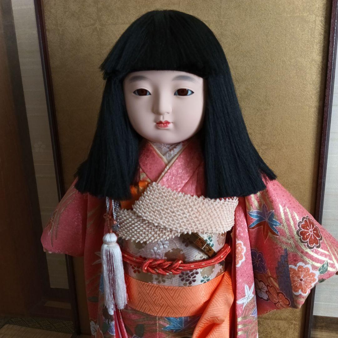 市松人形 花柄 黒髪 約45cm