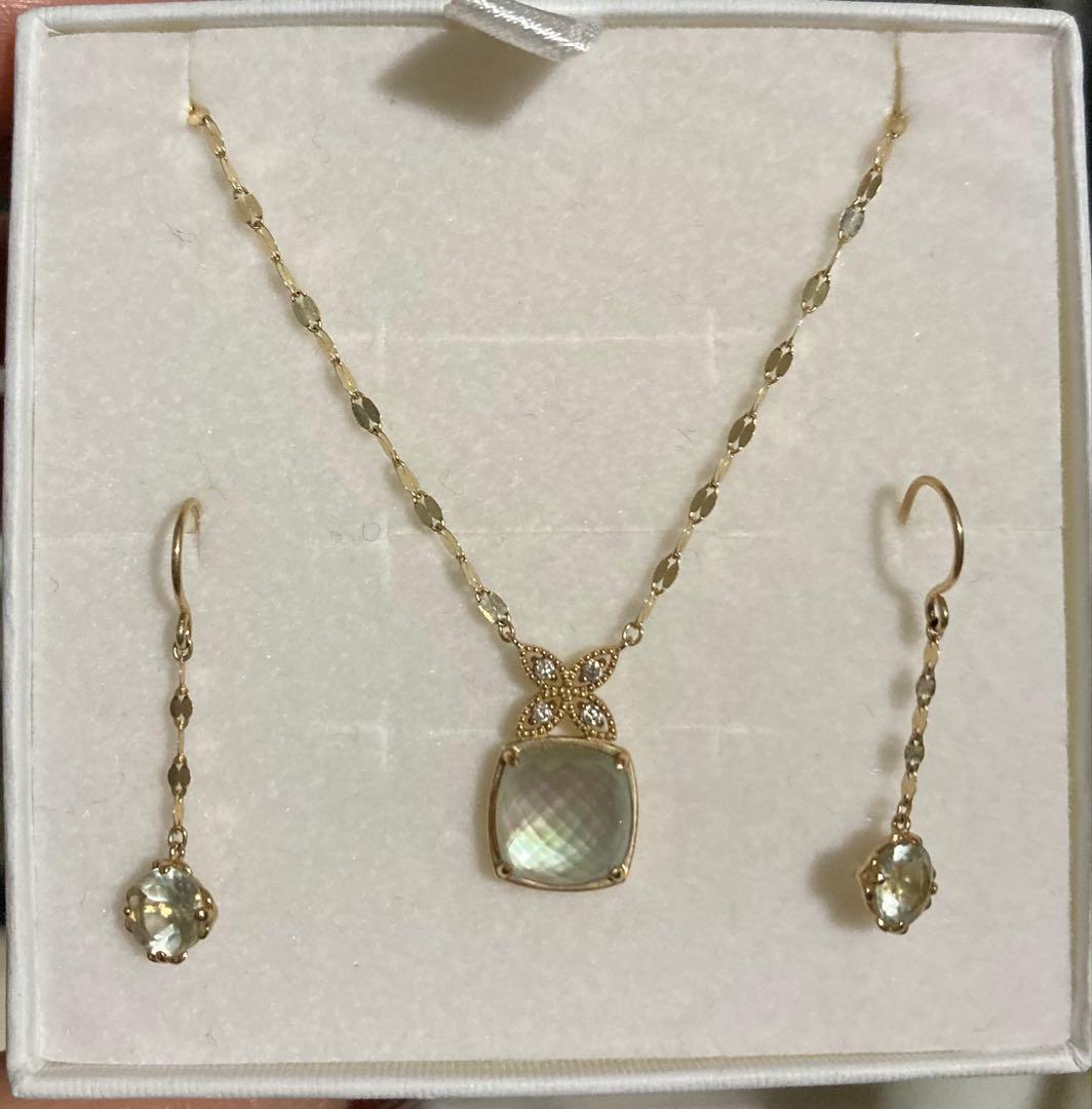 ジュエリーツツミk10イエローゴールドグリーンアメジストネックレス・ピアスセット