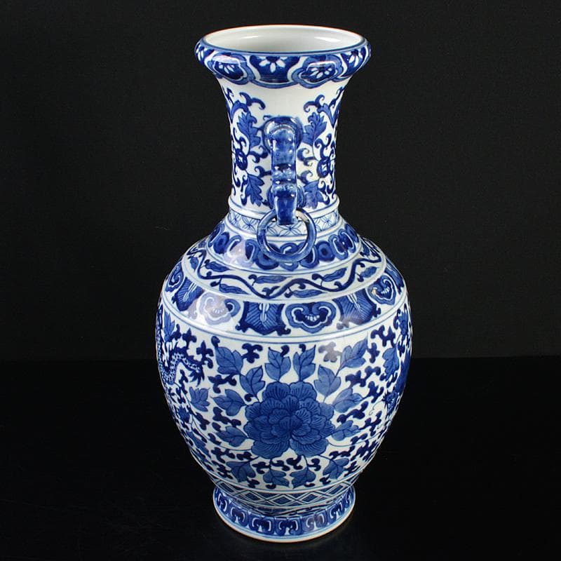 中国　大清雍正年製款　青花　唐草龍花文　遊環双耳瓶　V　R7172B