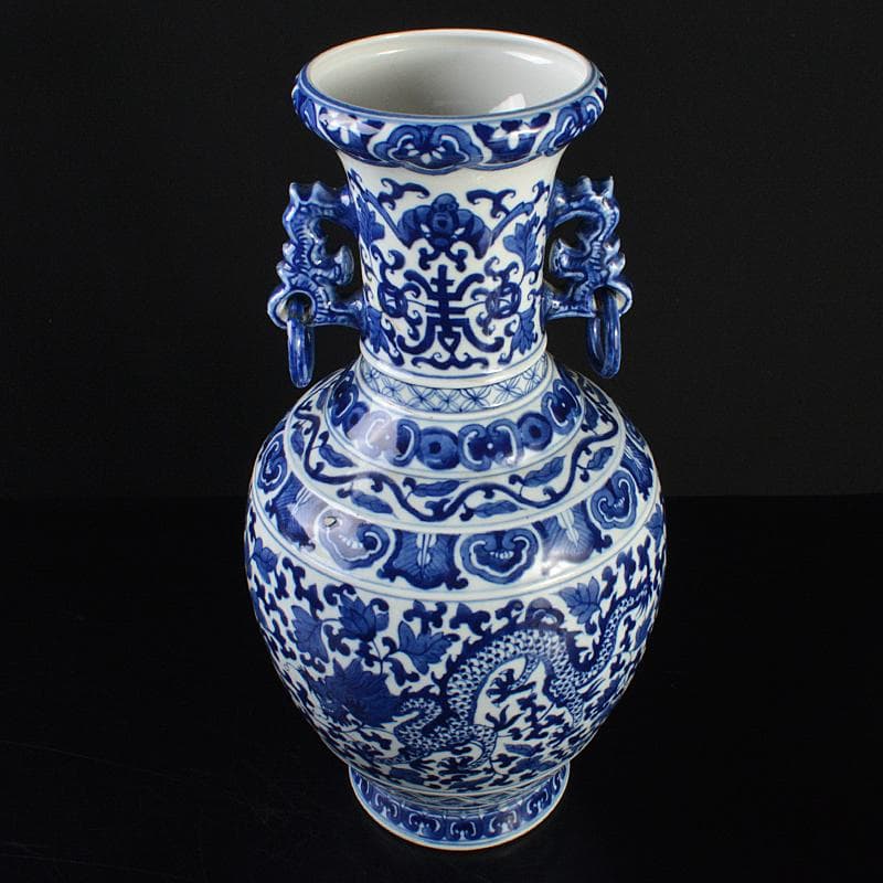 中国　大清雍正年製款　青花　唐草龍花文　遊環双耳瓶　V　R7172B