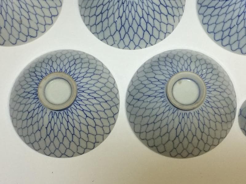 ★昭和レトロ★ レア！　印判　人気の 網目紋様　茶碗　五客　猪口三客オマケ