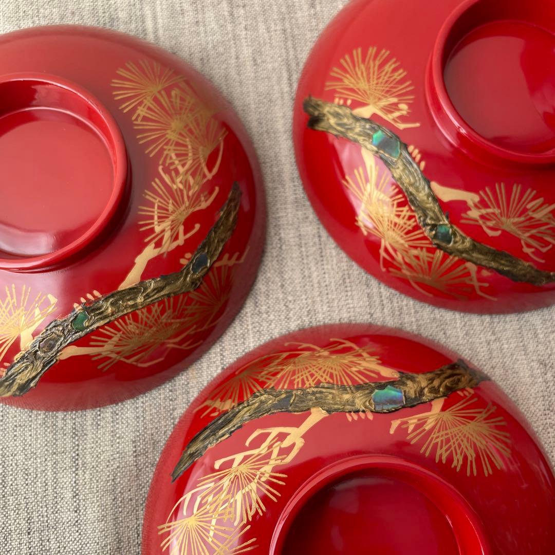 木製 螺鈿 手描き 漆塗 お椀 老松 ５個セット 加賀藩 山中塗？