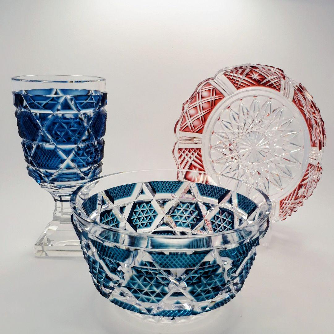 復刻 薩摩切子　藍色 切子 向付鉢　　　　【 希少作品 】