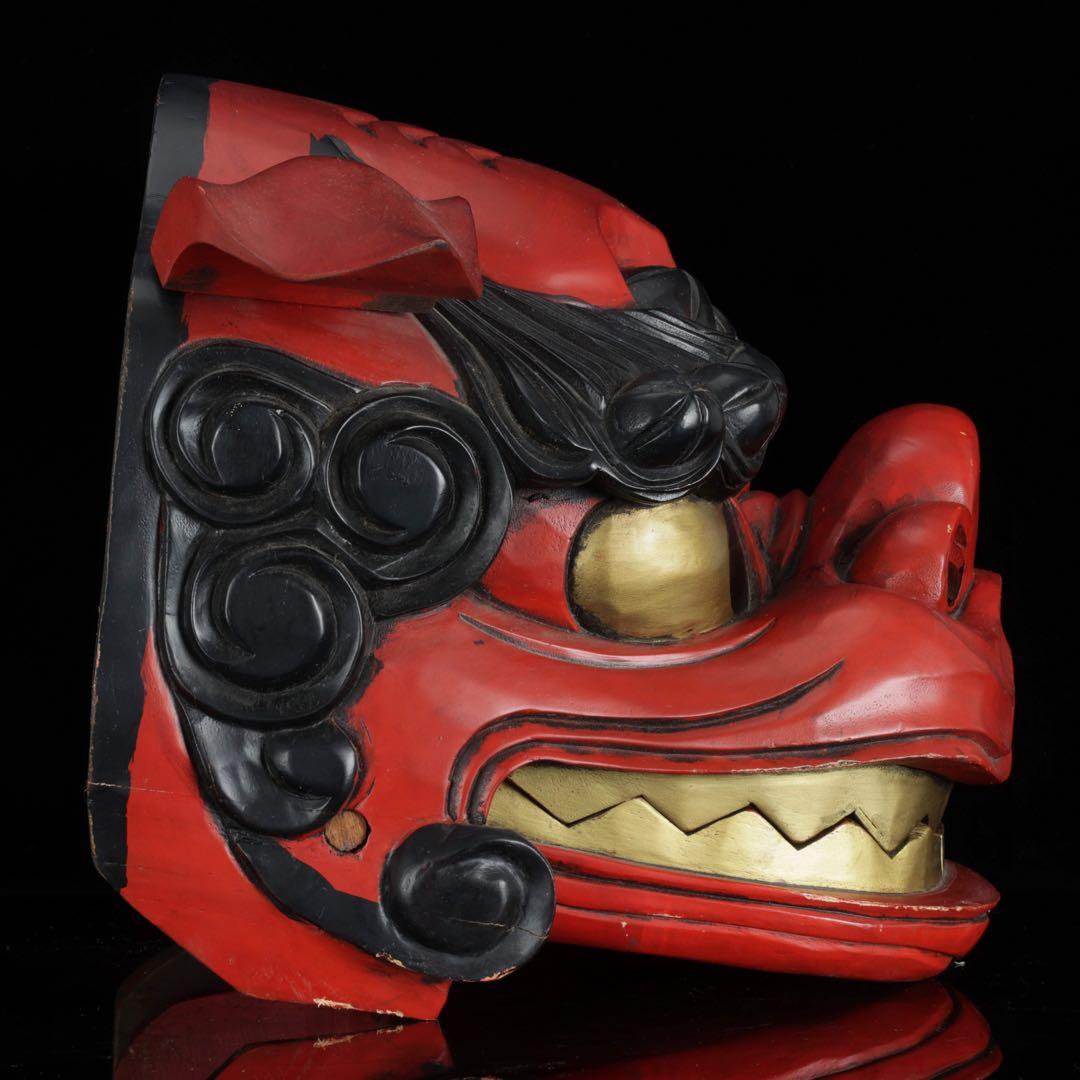 時代物 木彫獅子頭 朱漆金彩 幅49cm 獅子舞 神楽面 魔除 縁起物 骨董品