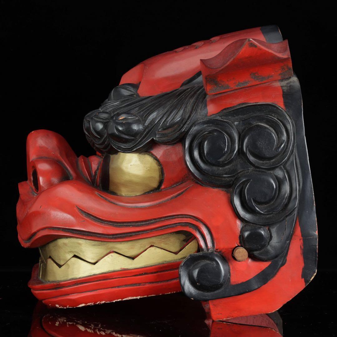 時代物 木彫獅子頭 朱漆金彩 幅49cm 獅子舞 神楽面 魔除 縁起物 骨董品