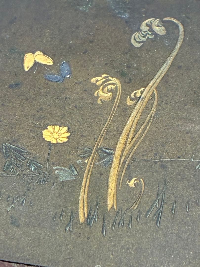 時代物 書道具 硯箱 作家物 扇面 彫金 象嵌 花文網代編 小物入 明治大正時代