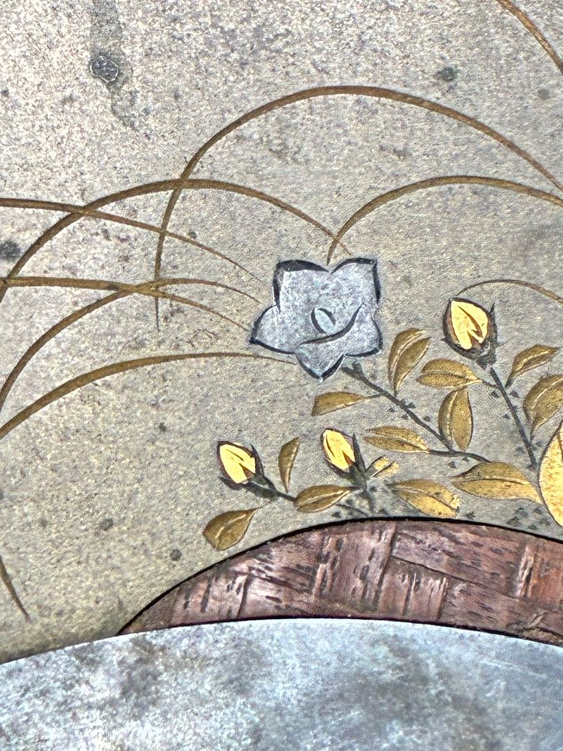 時代物 書道具 硯箱 作家物 扇面 彫金 象嵌 花文網代編 小物入 明治大正時代